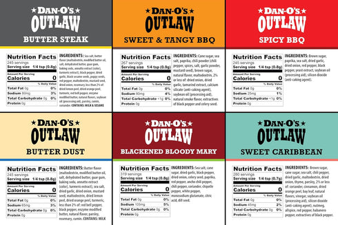 6 Set- Dan-O's Outlaw Seasoning Bottle Butter Dust, Butter Steak, Spicy BBQ, Sweet Caribbean, Sweet & Tangy BBQ