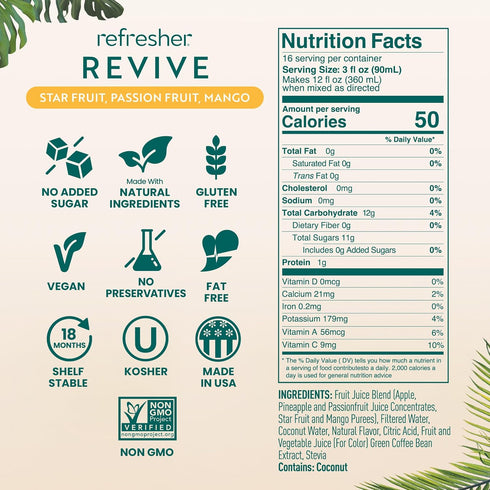 48oz Smartfruit Revive Refresher Star Fruit, Passion Fruit, Mango Made with Real Fruit Juice, No Added Sugar, Coconut