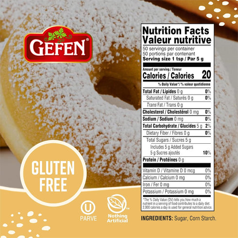 8.8oz Gefen Confectioners Sugar Shaker, | Powdered Sugar Duster | Corn Free | Gluten Free | Premium Confection Sugar |