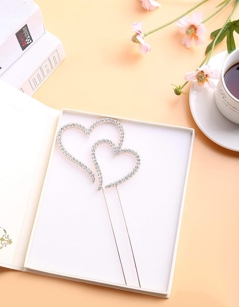 LOVENJOY Gift-Boxed Double Hearts Cake Topper, Rose Gold with Crystal Rhinestones