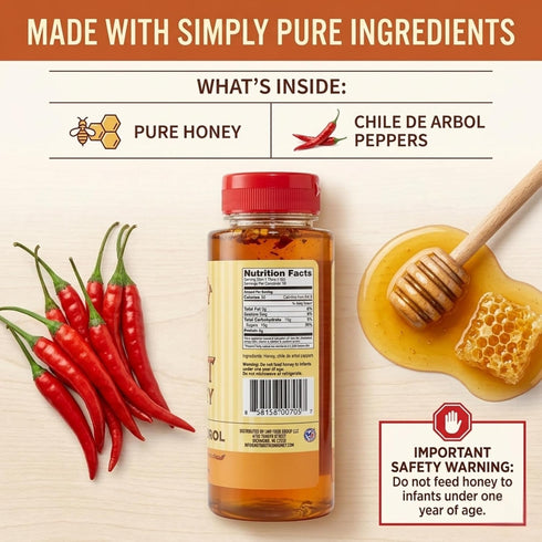 100% 12 oz (Pack 2) ARs Hot Southern Honey, Chile De Arbol (Mild) - Blend of Sweet Clover, Real Wildflower Honeys