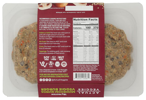 Actual Veggies 8 , High Protein Mushroom Quinoa Veggie Burger, Ounce
