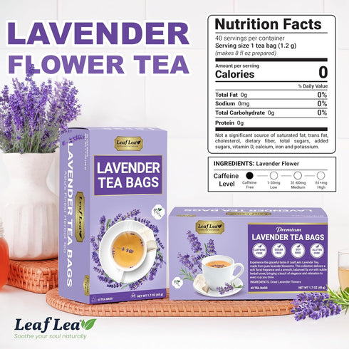 80 100% LeafLea Premium Lavender Tea Bags, Natural & Pure from Lavender Flowers, Nighttime Comfort & Digestive Support