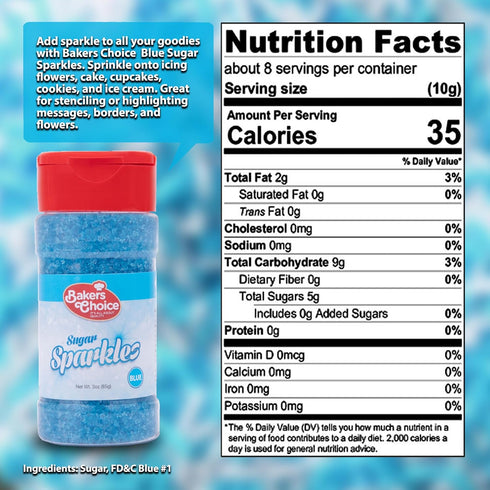 Bakers Choice Sparkling Blue Sugar Sprinkles for Ice Cream Toppings, 3 oz