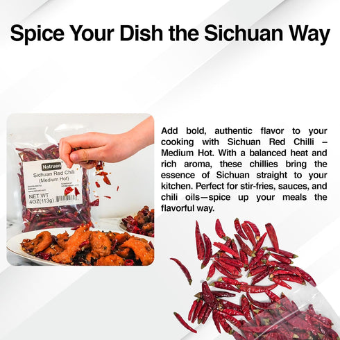 Natruen Whole Dry Szechuan Chinese Red Chili Pods 4 Oz (Medium Hot) for Chili Oil, Paste, Sauce, Spicy Sichuan Dried