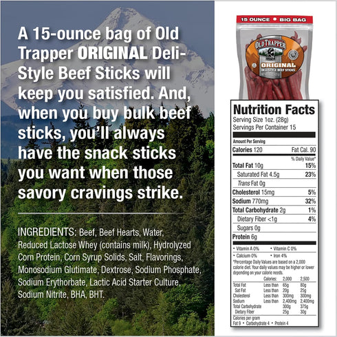 Sticks,15-Ounce Package, (Pack 2) Old Trapper Original Deli-Style Beef Perfect for On-the-Go Snacking, Six Grams