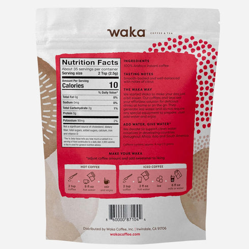 Waka Instant Coffee, Decaffeinated Medium Roast - 100% Arabica Colombian Beans, Bulk Bag for Quick Coffees