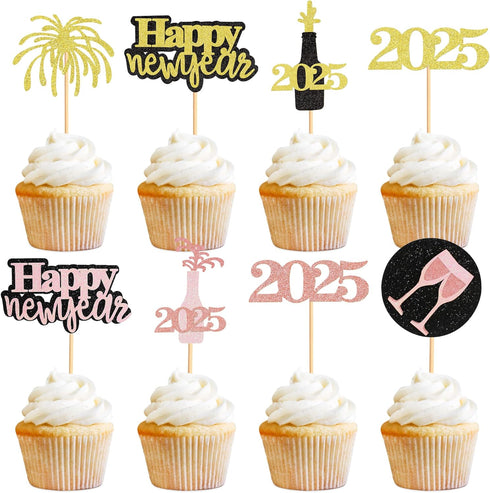 24 Pcs Happy New Year Cupcake Toppers, Glitter Rose Gold and Gold, Cheers to 2025 Decoration