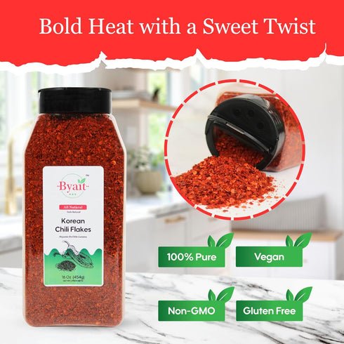 16 Oz (1 LB), 100% Byait Gochugaru Korean Chili Flakes Medium Hot, Pure Red Chili Pepper Flakes for Authentic Korean