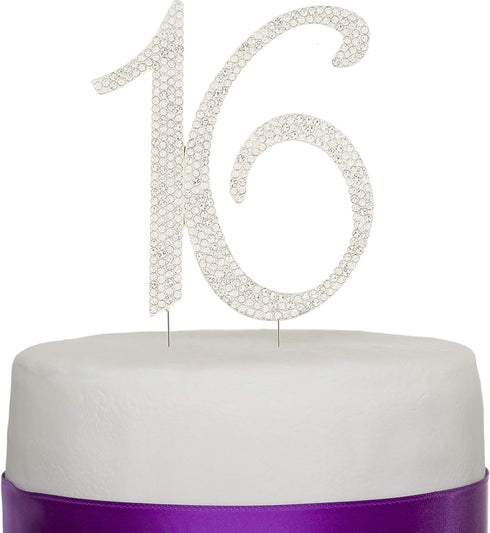 Celebration 16 Cake Topper for 16th Birthday Sweet 16 Party Supplies Decoration Ideas - Silver Rhinestone Number