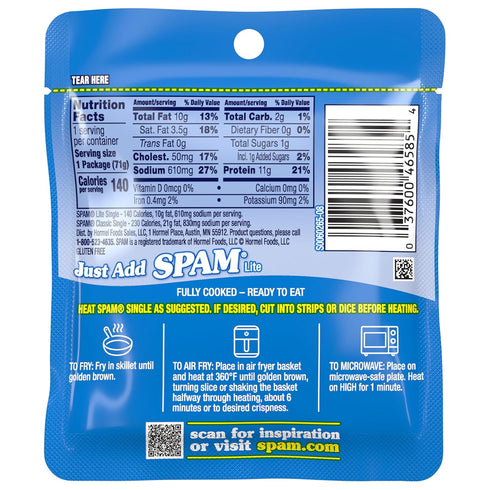 2.5 (12 Pack), 0g SPAM Lite Single Pouch, Ounce Fully Cooked Pork, Trans Fat, Low Carb, Keto-Friendly, Gluten Free