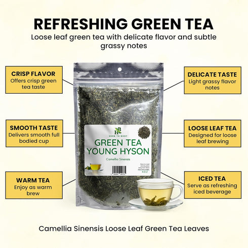 4oz, Herb To Body Young Hyson Green Tea Camellia Sinensis Loose Leaf Green Tea Leaves for Herbal Tea Loose Leaf Brewing
