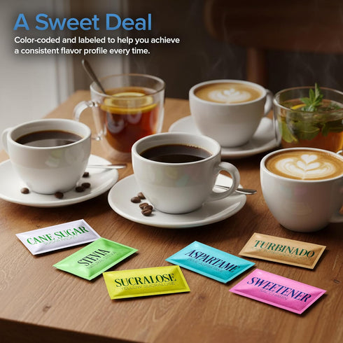 Pack, 300 Count (50 Packets Sweetener Variety Each) Sugar, Raw Turbinado, Saccharin, Stevia, Aspartame & Sucralose