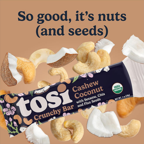 (6G 3s, 1oz, 12-Pack Tosi Nut Bars, Cashew Coconut, Healthy Snacks for Adults & Kids, Plant Based Crunchy Bars