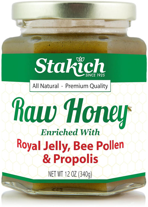 Stakich Royal Jelly, Bee Pollen, Propolis Raw Honey - Pure, Unprocessed, Unheated-