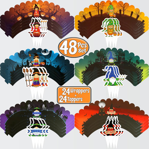 Halloween Cupcake Wrappers Set, 48 Pcs (24 Wrappers + 24 Toppers) for Spooky Gnomes Party Decorations