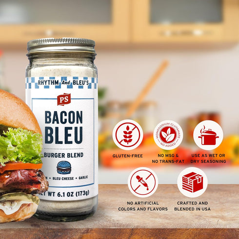 PS Seasoning Bacon Bleu Burger Seasoning - Steak and Burger Seasoning, Hamburger Seasoning for Grilling - Best Burger Seasoning, Meat Seasoning Blend with Bacon, Blue Cheese, Garlic 6.1 oz