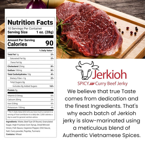 Pack, 10 oz Jerkioh Spicy Curry Premium Beef Jerky Authentic Vietnamese Street Food Flavor with Chili Heat | Gourmet