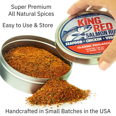King Red Salmon Rub-Classic Potlatch Seasoning Dry Spice Blend-Restaurant Grilled Seafood and Fish-All Natural, Gluten Free, Keto, Low Sodium, No MSG-Madison Park Foods, 3 oz Tin