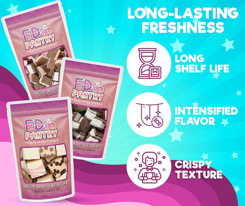(3 Pack) Freeze Dried Cheesecake Bites & Ice Cream Sandwich Bites - New York Style, Neapolitan, and Vanilla - Crunchy