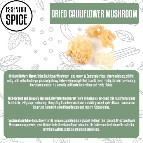 (1 lb) Essential Spice Dried Cauliflower Mushrooms Frilly Texture & Mild, Nutty Flavor Ideal for Stir-Fries, Soups