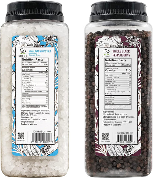 39 oz (2.4 lb) 18oz (1.1 lb) Soeos Himalayan Sea Salt, + Whole Black Peppercorns, White Himalayan Salt Coarse Grain