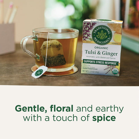 96 (6 Pack) Traditional Medicinals Tea, Organic Tulsi & Ginger, Relieves Stress, Tension, & Irritability, Tea Bags