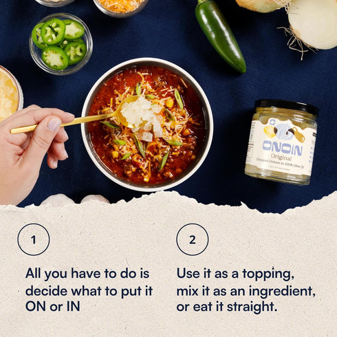 100% 9 oz (Pack 2) ONOIN Chopped Onions in Olive Oil - Seed Oil Free and Ready-to-Use Flavor Base & Topping | Original