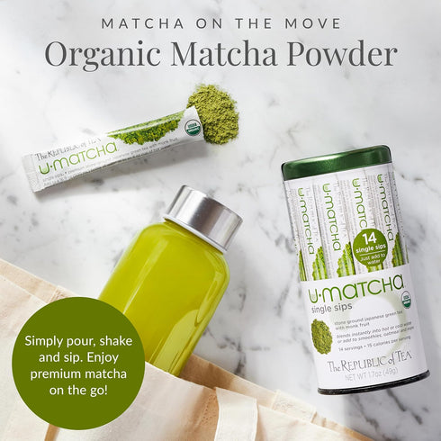 14 Packets The Republic of Tea Organic UMatcha Single Sips, Naturally Caffeinated Matcha Green Tea Powder