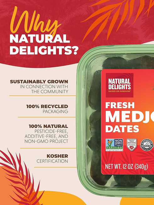12 oz (Pack 2) Natural Delights Medjool Dates Whole - Non-GMO Verified Fruit, Good Source of Fiber & Potassium