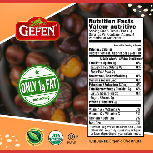 5.2oz (4 Pack) Gefen Organic Whole Peeled and Roasted Chestnuts, | Chestnuts Peeled and Ready to Eat | Great
