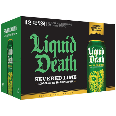 19.2 Oz (Pack 12) Liquid Death Soda-Flavored Sparkling Water - Severed Lime (Classic Lime Soda), Less Sugar*, Huge