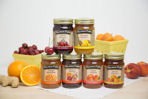 Pack (6 pack)| Dillman Farm Refreshing Preserves Variety Apricot Preserves, Cherry Preserves, Peach Preserves
