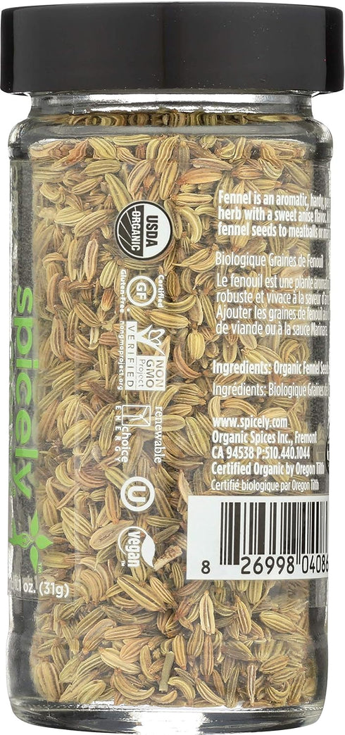 Spicely Organic Fennel Seeds Whole, 1.10 Ounce Jar, Certified Gluten Free