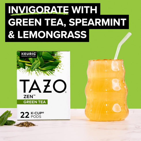 22 TAZO Organic Zen Green Tea K-Cups, Caffeine Free Tea with Refreshing Lemongrass & Spearmint, Pods