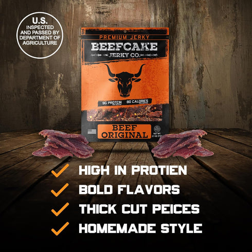 9 100 2.7 Oz Pack 2 BEEFCAKE Jerky Tender Pork SmokeHouse & Honey BBQ Gourmet Meat Snacks, Gram of Protein and Calories