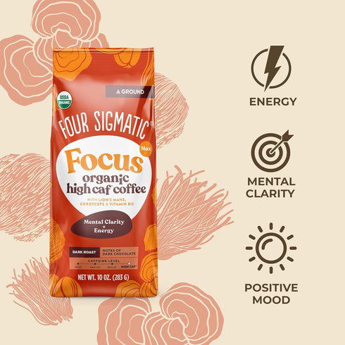 B12 10oz Four Sigmatic Focus Max High Caffeine Cordyceps Coffee | Organic Dark Roast High Caffeine Ground Coffee