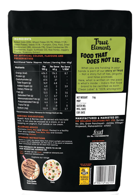 1kg True Elements Breakfast Cereal Muesli, - Nuts and Berries, High Fiber
