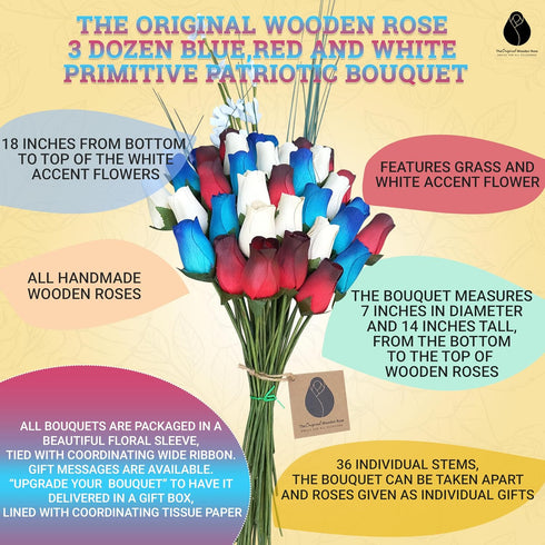 3 Dozen Primitive Patriotic Red with Black Tips, White and Blue with Dark Blue Tips Bouquet