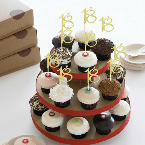 Sumerk 24PCS Gold Glitter 18 Cupcake Toppers for 18th Birthday Anniversary Party Decorations