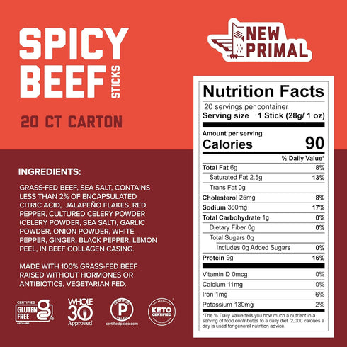 Whole30 9g 20 The New Primal Grass-Fed Spicy Beef Sticks, Keto, Gluten Free Healthy Snacks for Adults, Sugar Free Low