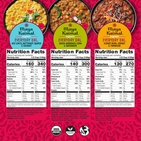 12 pack 10oz Maya Kaimal Foods - Organic Indian Everyday Dal - variety of Ready to Eat Meals - Fully Cooked - Vegan