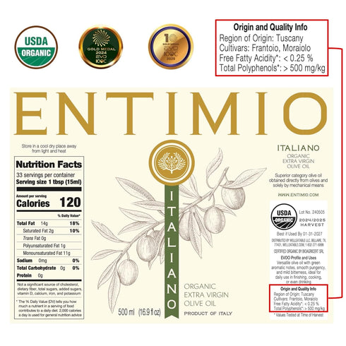 500+ 2025 Entimio Italiano Organic Italian Extra Virgin Olive Oil from Italy, mg/kg High in Polyphenols, Gold Winner