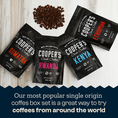 Set, 4 16 oz Gourmet Coffee Sampler Gift Box Roasted Coffee Ground, Sumatra Dark, Kenya AA Medium-Dark, Rwanda Medium