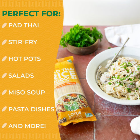 Lotus Foods Organic Brown Rice Pad Thai Noodles - Asian Style Noodles for Stir Fry, Gluten Free, Vegan, Whole Grain,