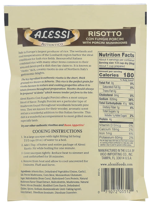 8oz Pack 1) Alessi Autentico, Premium Seasoned Risotto, Italian Arborio Rice, Easy to Prepare, (Porcini Mushroom