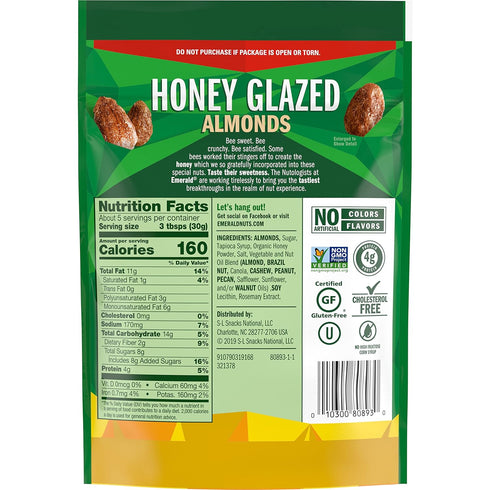 (1-Pack), 5.5oz Emerald Nuts Honey Glazed Almonds Resealable Bag, Kosher Dairy Certified, Non-GMO, Contains No