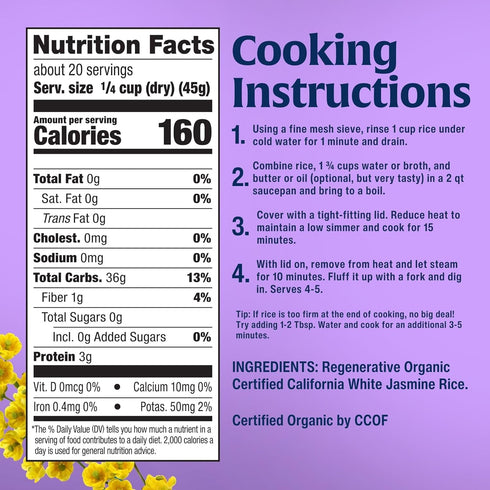 32 Oz Lundberg Jasmine Rice, Regenerative Organic Certified Non-Sticky, Aromatic Long-Grain White Rice, Responsibly