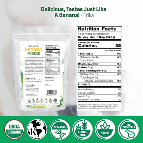 Immunity, 1 lb. Z Natural Foods Organic Banana Powder, Fiber Supplement for Glowing Skin and Enhanced Great in Juice