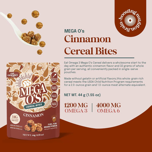 3 Omega-3 Omega-6, 66g Pack 6 Eat Omega Mega Os Cinnamon Granola Cereal Bites - Gluten-Free, Dairy-Free, Plant-Based